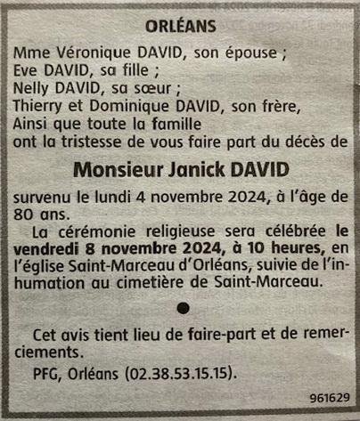 Avis Décès Janick DAVID